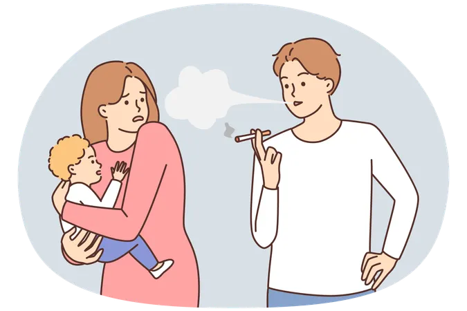 赤ちゃんを抱いた女性の隣に立ってタバコを吸っている不注意な男性  イラスト