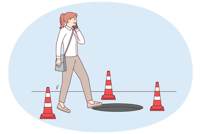 Careless woman walking talking on phone risks falling into hatch due to inattention  Illustration