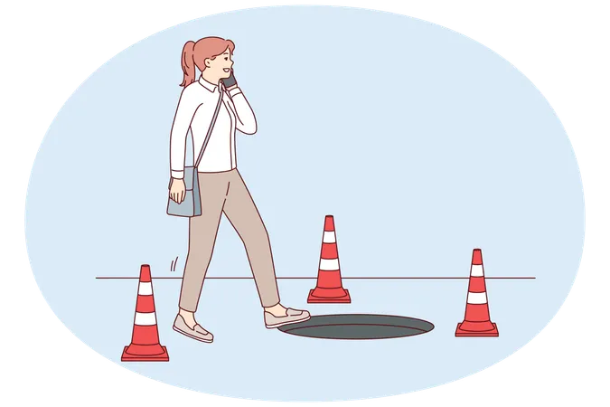 Careless woman walking talking on phone risks falling into hatch due to inattention  Illustration