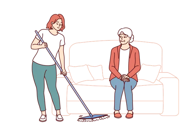Caretaker from nursing home is mopping floor  Illustration