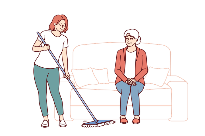 Caretaker from nursing home is mopping floor Illustration