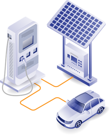 Carga de carro elétrico com energia de painel solar  Ilustração