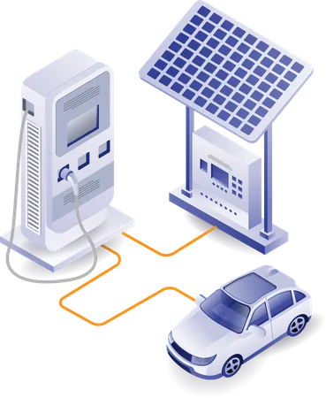 Carga de carro elétrico com energia de painel solar  Ilustração