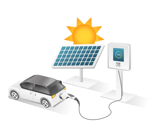 Carga de carro elétrico com energia de painel solar  Ilustração