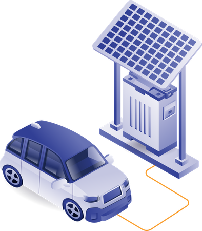 Carga de coches eléctricos con energía de paneles solares.  Ilustración