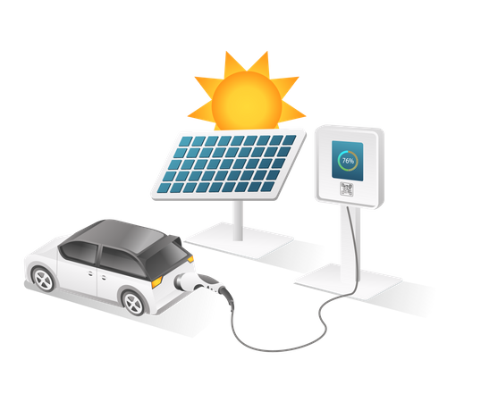 Carga de coches eléctricos a partir de energía de paneles solares.  Ilustración