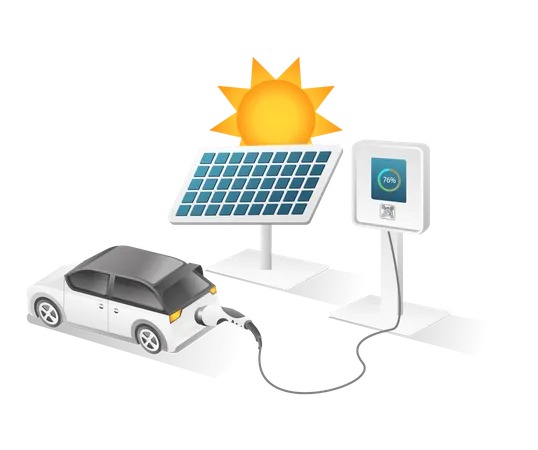 Carga de coches eléctricos a partir de energía de paneles solares.  Ilustración