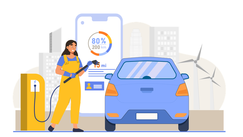 Carga de coche eléctrico en la estación de carga  Ilustración