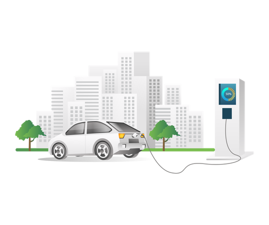 Carga de coches eléctricos en la estación de la ciudad  Ilustración