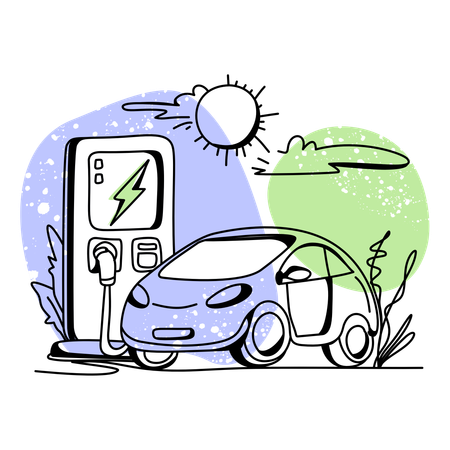 Carga de vehículos en estaciones de carga eléctrica  Ilustración