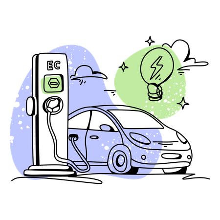 Carga de vehículos en estaciones de carga eléctrica  Ilustración