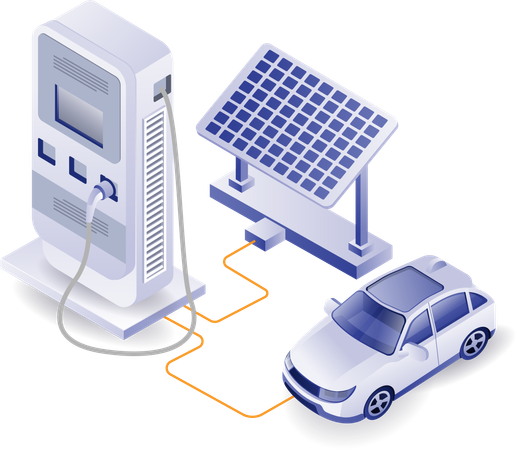 Cargador de coche eléctrico con energía de panel solar.  Ilustración