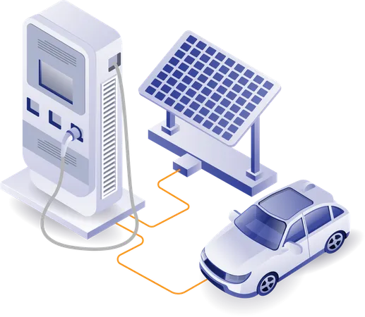 Cargador de coche eléctrico con energía de panel solar.  Ilustración