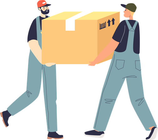 Los cargadores llevan cosas de descarga de cajas grandes para una nueva casa o apartamento después de la reubicación.  Ilustración