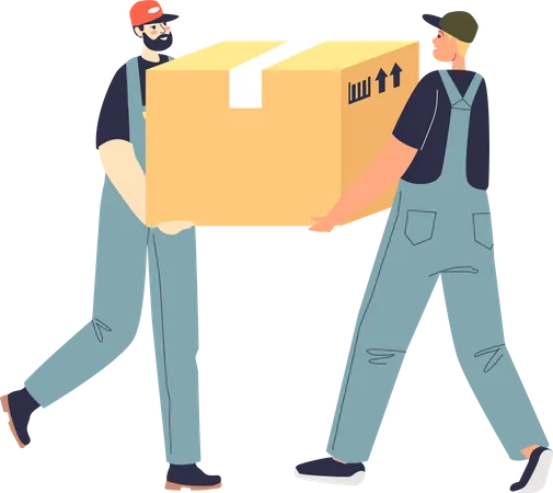 Los cargadores llevan cosas de descarga de cajas grandes para una nueva casa o apartamento después de la reubicación.  Ilustración