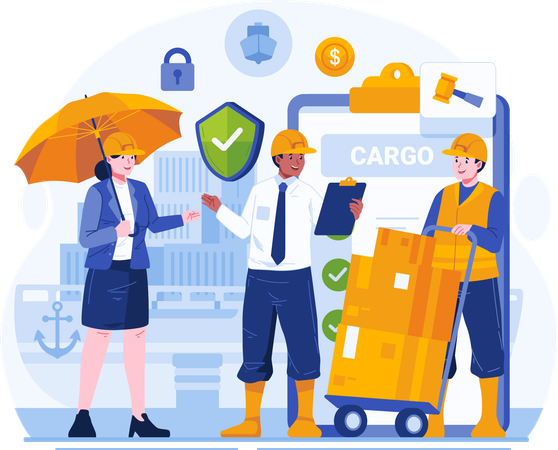 Cargo Workers Get an Insurance Coverage Explanation From a Male Insurance Agent  Illustration