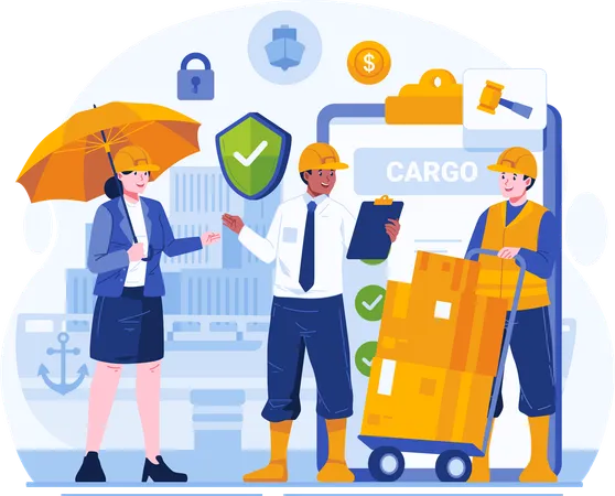 Cargo Workers Get an Insurance Coverage Explanation From a Male Insurance Agent  Illustration