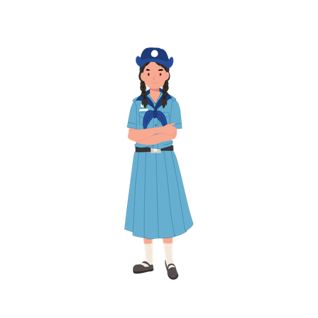 Cute giovane ragazza scout tailandese in uniforme con la postura del braccio incrociato  Illustration