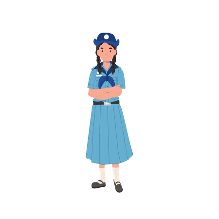 Cute giovane ragazza scout tailandese in uniforme con la postura del braccio incrociato  Illustration