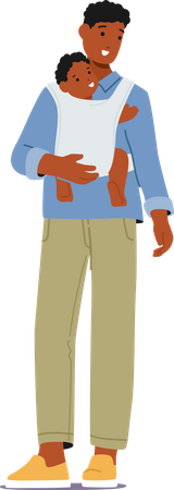 Caring African American Father Embraces His Baby In A Sling  Illustration