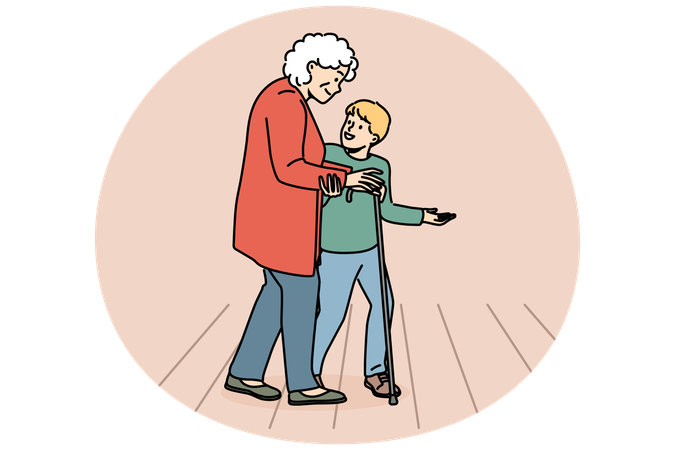 Caring child help old grandmother cross road  Illustration