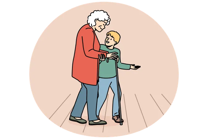 Caring child help old grandmother cross road  Illustration