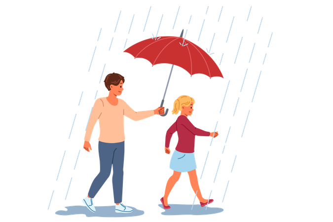 Caring dad protects daughter from rain using umbrella  Illustration