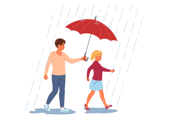 Caring dad protects daughter from rain using umbrella  Illustration