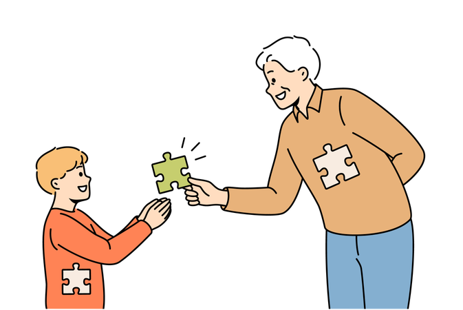 Caring elderly grandmother give jigsaw puzzle to complete little girl child  イラスト