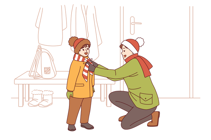 Caring father helps kid put on winter clothes so as not to freeze while walking along cold street  Illustration