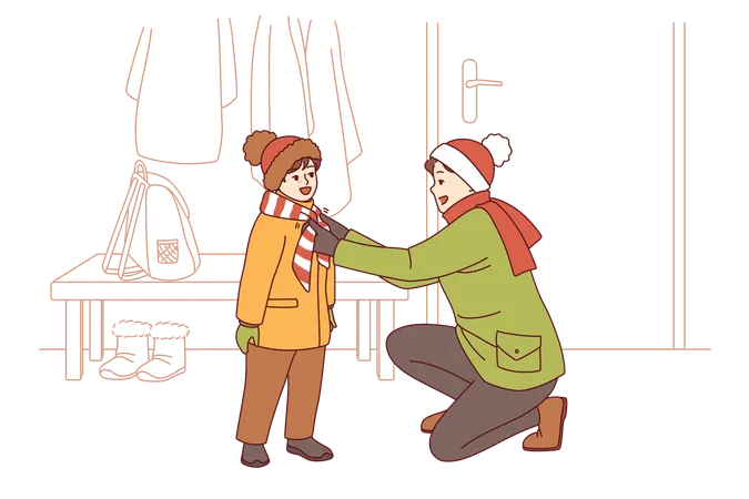Caring father helps kid put on winter clothes so as not to freeze while walking along cold street  Illustration