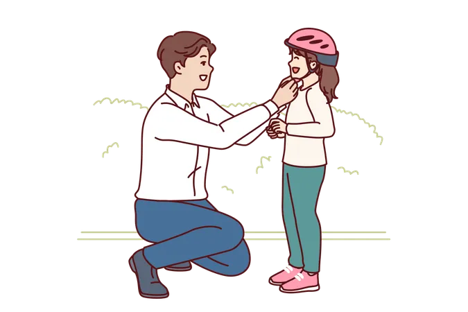 Caring Father Puts Bicycle Helmet On Head Of Cyclists Daughter To Protect Child From Injury When Falling From Bicycle Using Child Protection For Cycling And Avoiding Accident Or Bruise Illustration