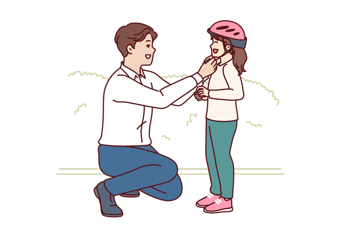 Caring father putting bicycle helmet on daughter's head  Illustration