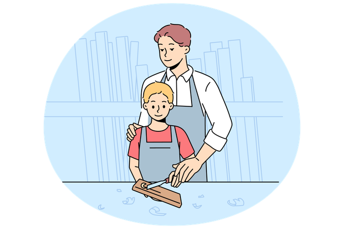 Caring father teach son carpentry  Illustration