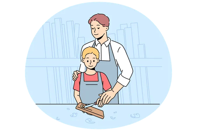 Caring father teach son carpentry  Illustration