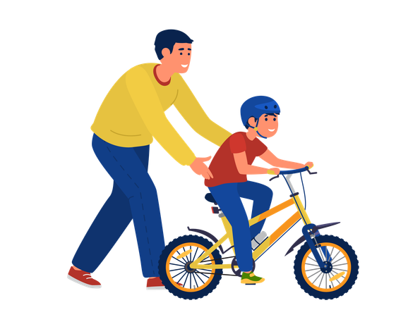 Caring father teaching child to ride bicycle  Illustration