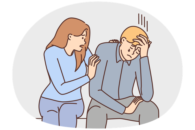 Caring girl comforts crying boyfriend who is upset about failure in career  Illustration