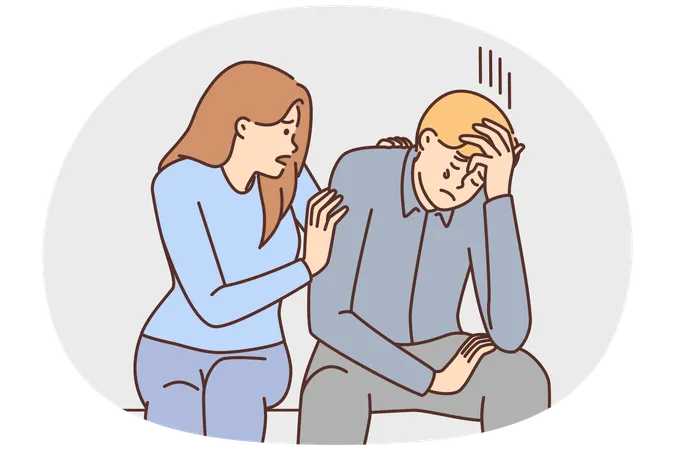 Caring girl comforts crying boyfriend who is upset about failure in career  Illustration