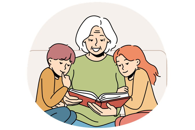Caring grandmother reading book to little grandchildren  Illustration