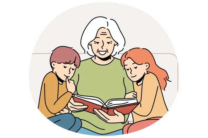 Caring grandmother reading book to little grandchildren  Illustration