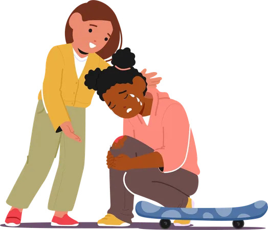 Gentle Caring Kid Girl Embraces Her Tearful Friend Soothing And Supporting After A Skateboard Tumble Demonstrating Empathy And Friendship In Their Comforting Connection Cartoon Vector Illustration Illustration