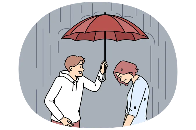Caring man cover unhappy woman with umbrella  Illustration