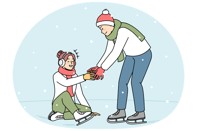 Caring man help woman on ice rink  Illustration