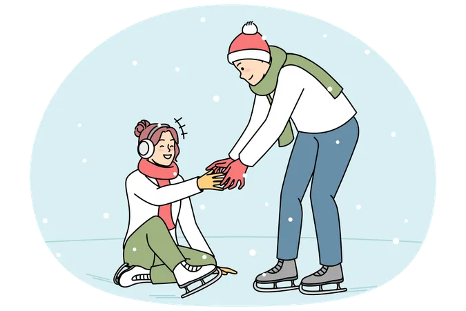 Caring man help woman on ice rink  Illustration