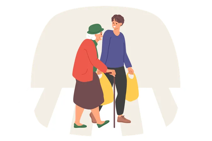 Caring man helps elderly woman carry heavy bags home and talks with grandmother with smile  Illustration