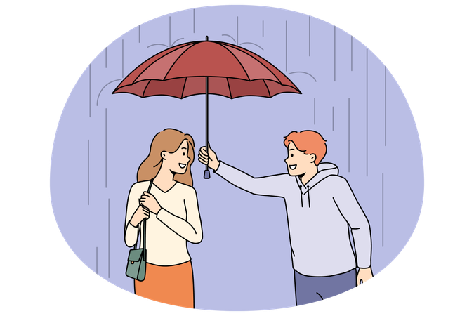Caring man protect woman from rain with umbrella  Illustration