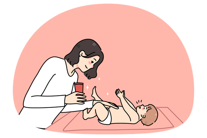 Caring mom moisturize newborn baby body  Illustration