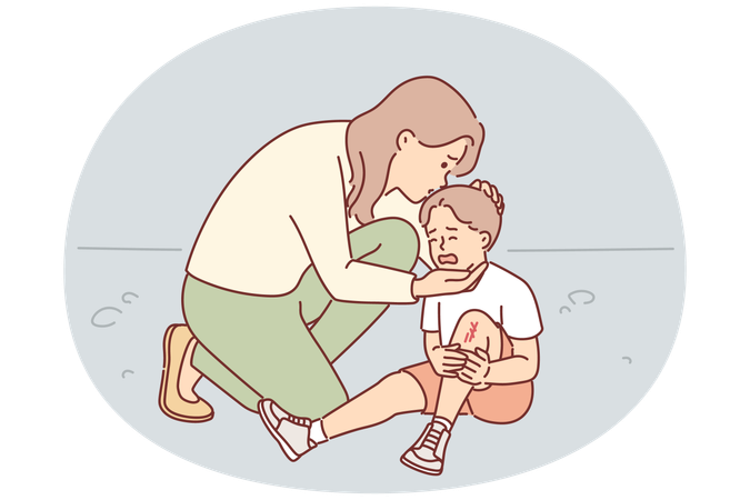 Caring mother consoles crying son who injured knee in fall  Illustration