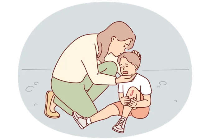 Caring mother consoles crying son who injured knee in fall  Illustration