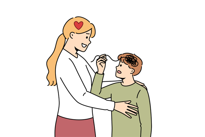 Caring mother hugging confused kid  Illustration